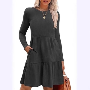 Dark grey ribbed long sleeve crewneck tiered mini dress for women casual autumn wear