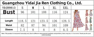 Size chart for V-neck ruffle sleeve midi dress with floral print dimensions from S to XXL