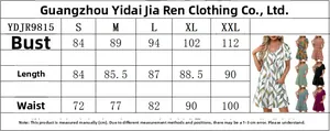 Detailed size guide table for V-neck short sleeve print dress with measurement specifications