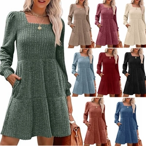 Women Square Neck Lantern Sleeve Ribbed Knit Mini Dress Casual Solid Color Tiered A-Line Dress With Pockets Fashion Streetwear
