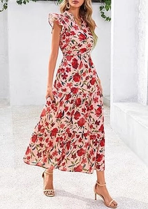 Detailed close-up of V-neck floral chiffon dress with ruffle sleeves and tiered skirt