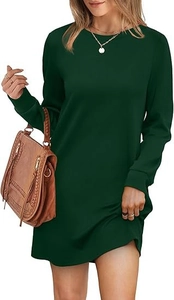 Detailed close-up of dark green long sleeve crewneck sweatshirt dress with ribbed cuffs