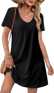 Close-up of black V-neck short sleeve casual dress with functional side pocket detail