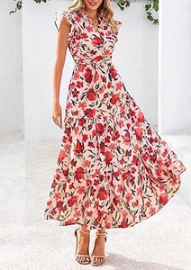 Detail of V-neck floral midi dress with flutter sleeves and tiered ruffle skirt