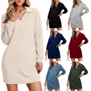 Robe Courte Décontractée à Manches Longues pour Femmes Col Polo Col en V Couleur Unie Robe Tunique en Tricot pour Quotidien