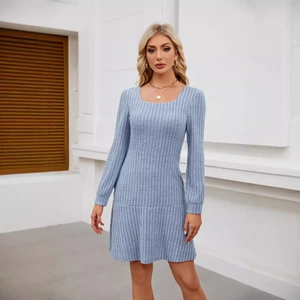 Elegant light blue square neck ribbed knit long sleeve dress with a slim A-line silhouette