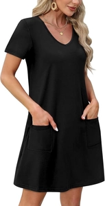 Front view of casual black V-neck short sleeve dress with practical large side pockets