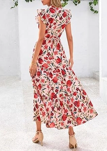 Pink floral maxi dress featuring elegant ruffle sleeves and tiered skirt detail