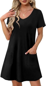 Detailed close-up of V-neckline and large front patch pockets on black casual dress