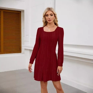 Women's wine red square neck lantern sleeve mini dress with textured pleated fabric