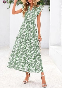 Detail of V-neck floral tiered maxi dress with ruffle sleeves in fresh green and white