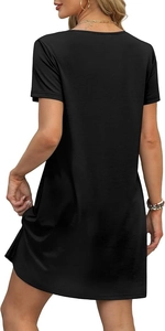 Back view of a casual black short sleeve dress featuring a relaxed straight-cut fit