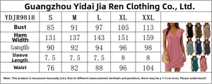 Detailed size chart for V-neck sleeveless ruffle mini dress with S-XXL measurements