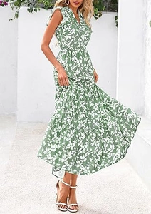 Detail of the V-neckline and flutter sleeve on the sage green floral maxi dress