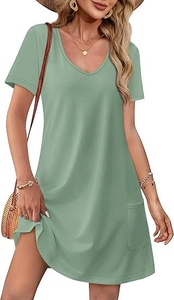 Detail of V-neck short sleeve dress in Morandi green with a practical side patch pocket