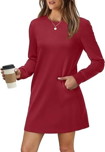 Detail of burgundy crewneck sweatshirt dress featuring side pockets and ribbed cuffs