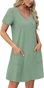 Detailed close-up of a V-neck green casual dress with functional side pockets