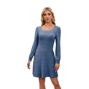 Blue square neck ribbed knit mini dress with long puff sleeves and A-line skirt style