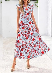 Detail of floral V-neck maxi dress with ruffled cap sleeves and multi-layer tiered hemline