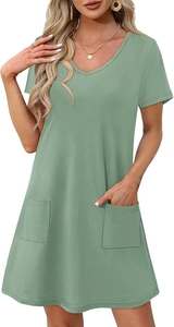 Detail view of a V-neck short-sleeve sage green dress with symmetrical patch pockets