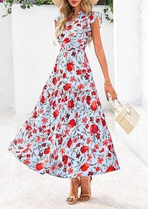 Close-up of the V-neck detail and tiered ruffles on this blue floral maxi summer dress