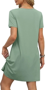 Rear view of a sage green V-neck short sleeve casual dress with soft cotton blend fabric