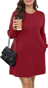 Detail shot of the deep red long sleeve crew neck dress featuring hidden side pockets