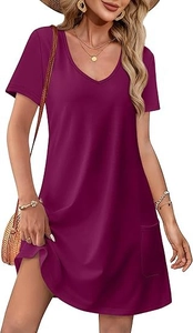 Detail view of purple V-neck summer dress with a practical side pocket and soft fabric