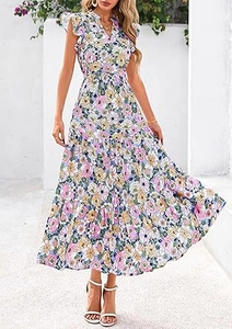 Detail of V-neckline floral maxi dress with ruffle cap sleeves and tiered skirt