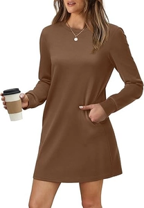 Detail of brown long sleeve crewneck dress featuring functional side pockets and ribbed cuffs