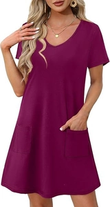 Detail view of V-neck casual dress featuring functional front patch pockets and soft fabric