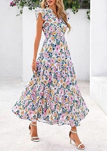 Detail of V-neck floral summer dress with ruffled cap sleeves and multi-layer hem