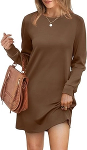 Detail of caramel long sleeve crewneck dress featuring elastic cuffs and knit fabric