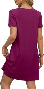 Back view of a casual dark purple short sleeve t-shirt dress with a simple A-line silhouette