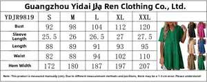 Size chart for V-neck short sleeve A-line mini dress with tiered ruffle hem in multiple colors