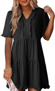 Detail of V-neckline with ruffle trim on a black short sleeve tiered mini dress