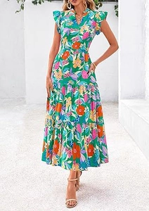 Detail view of V-neck floral midi dress featuring ruffle sleeves and tiered cake skirt layers