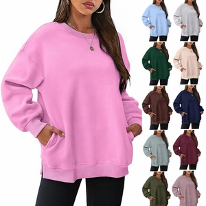 Women Casual Oversized Crewneck Pullover Sweatshirt Fleece Lined Long Sleeve Top With Pockets Side Slit Solid Color Jumper