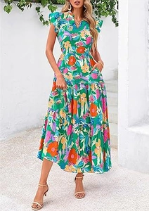 Detail shot of V-neckline floral print dress with ruffle sleeves and multi-layer skirt