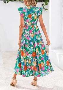 Rear view of floral bohemian maxi dress with ruffled cap sleeves and tiered skirt details