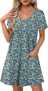 Close-up detail of the V-neck and blue floral print on this short-sleeve summer dress