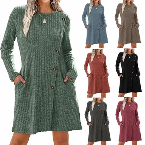 Abito da Donna in Maglia a Coste Casual Manica Lunga Girocollo Dettaglio Bottoni Tasca Abito Midi in Poliestere per Uso Quotidiano