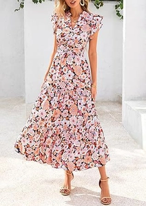 Detail of floral tiered maxi dress featuring ruffle cap sleeves and a deep V-neckline