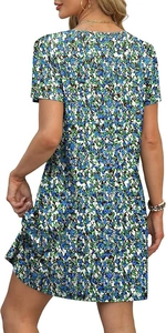 Detail of a floral print summer mini dress showing the loose fit and back profile