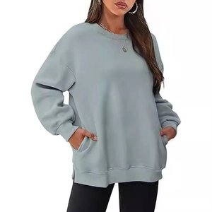 Oversized round neck sweatshirt for women in Morandi blue with side slits and pockets