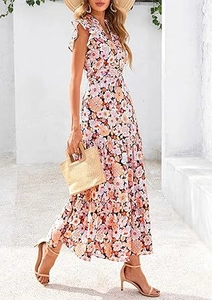 Detail of floral V-neck maxi dress featuring ruffled flutter sleeves and tiered skirt
