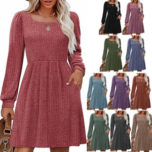Robe Midi en Maille Côtelée à Manches Longues et Col Carré pour Femmes Décontractée Couleur Unie Ligne A avec Poches Mode Automne Hiver