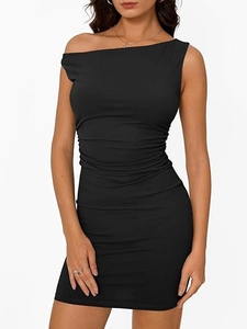 Detail of waist ruching and pleated fabric texture on a black bodycon dress