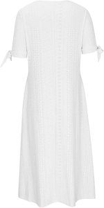 Close-up of white eyelet embroidery and knotted sleeve detail on a cotton dress