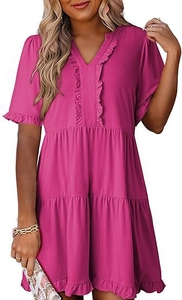 Detail of V-neck magenta tiered mini dress featuring ruffled short sleeves and trim